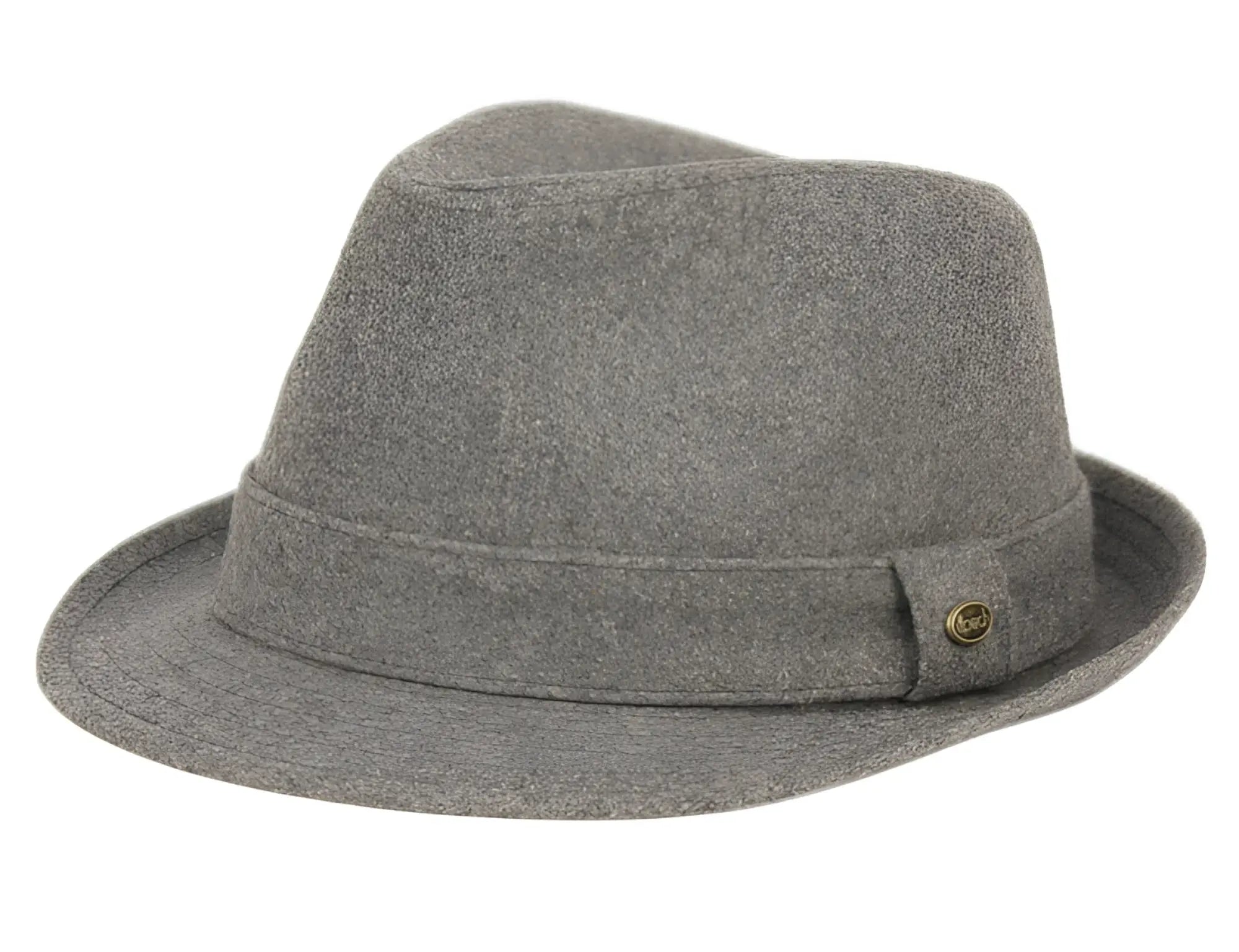 Gray solid wool fedora with a subtle textured weave and small brass button on the side in two colors available