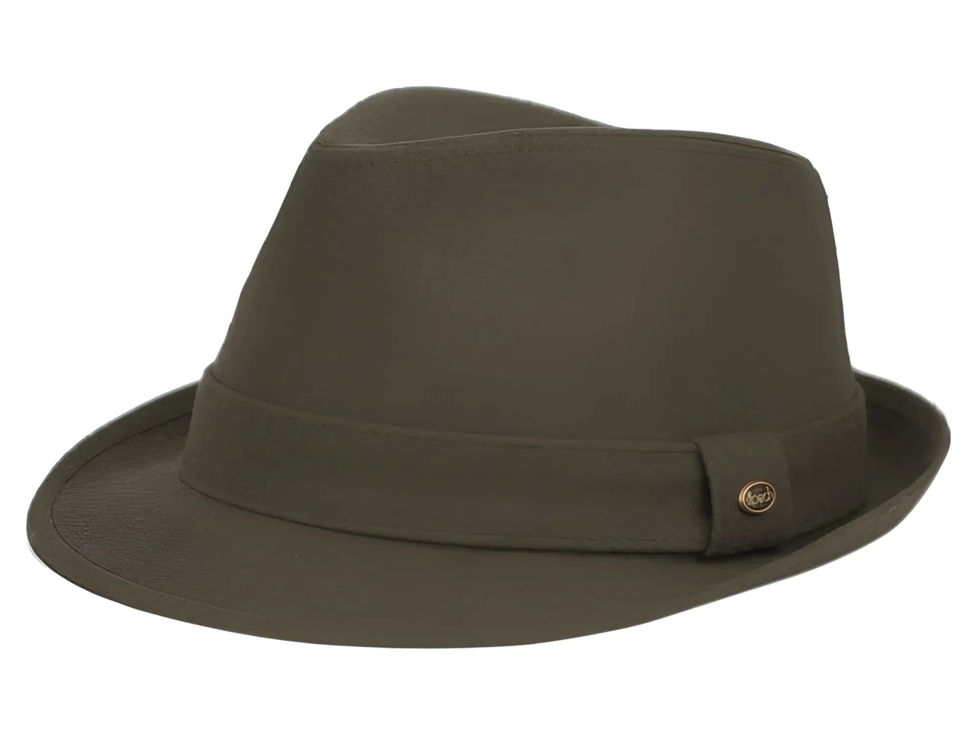 Olive green solid wool fedora with matching band and gold toned button in two color options