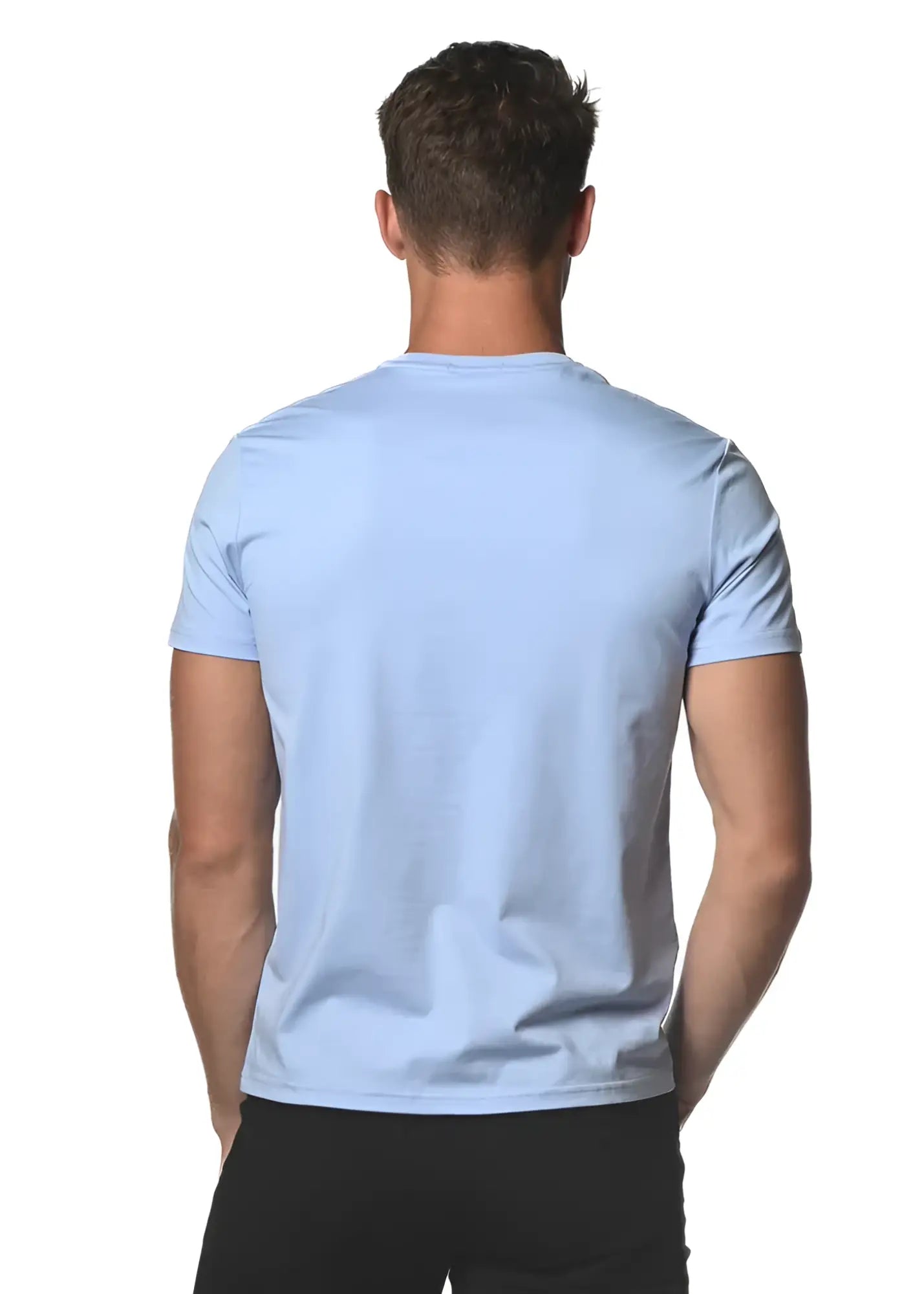 Light blue short-sleeved sorona v-neck tee made from sustainable fabric ideal for casual wear