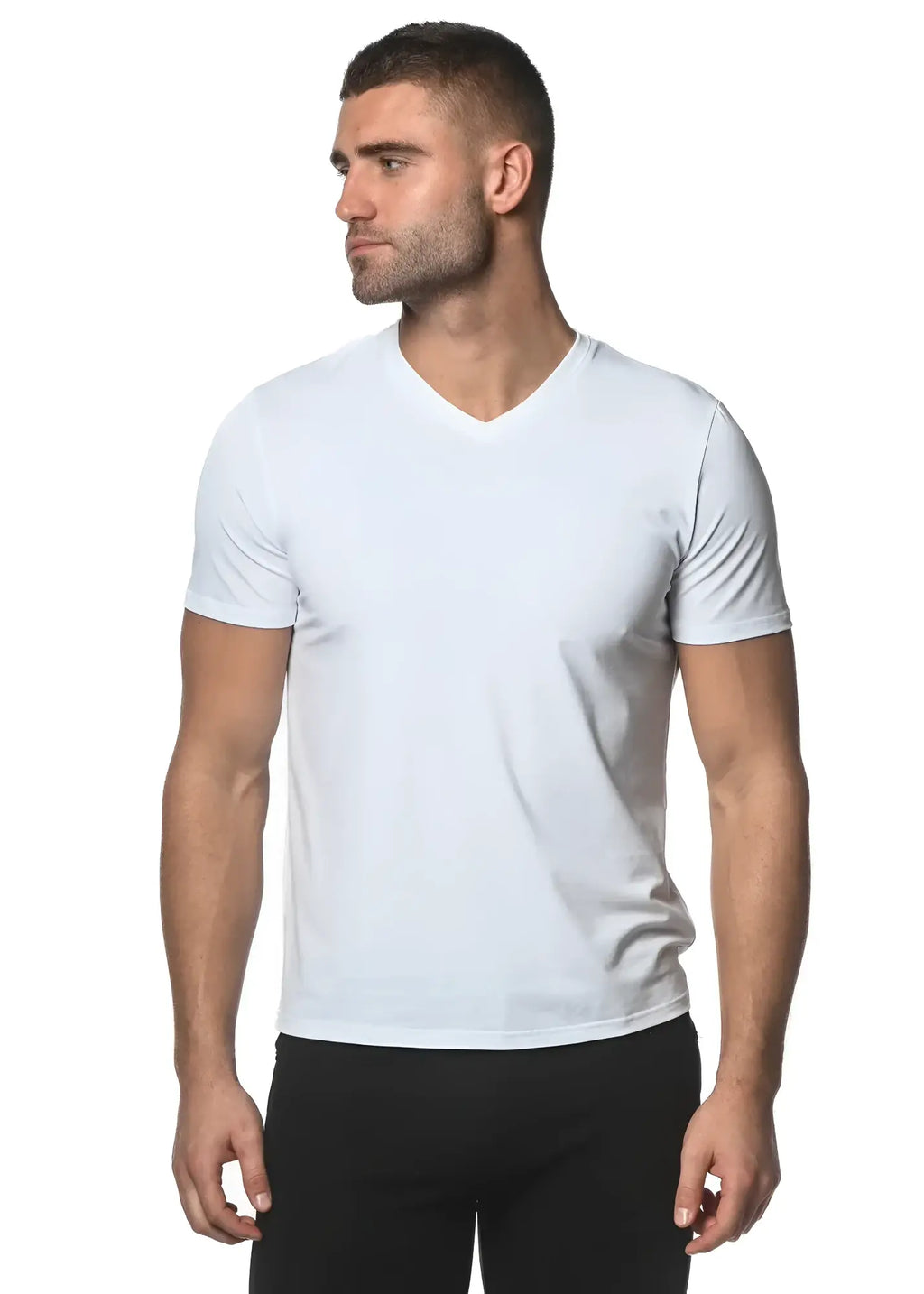 White sorona v-neck tee made of sustainable fabric featuring short sleeves perfect for casual wear