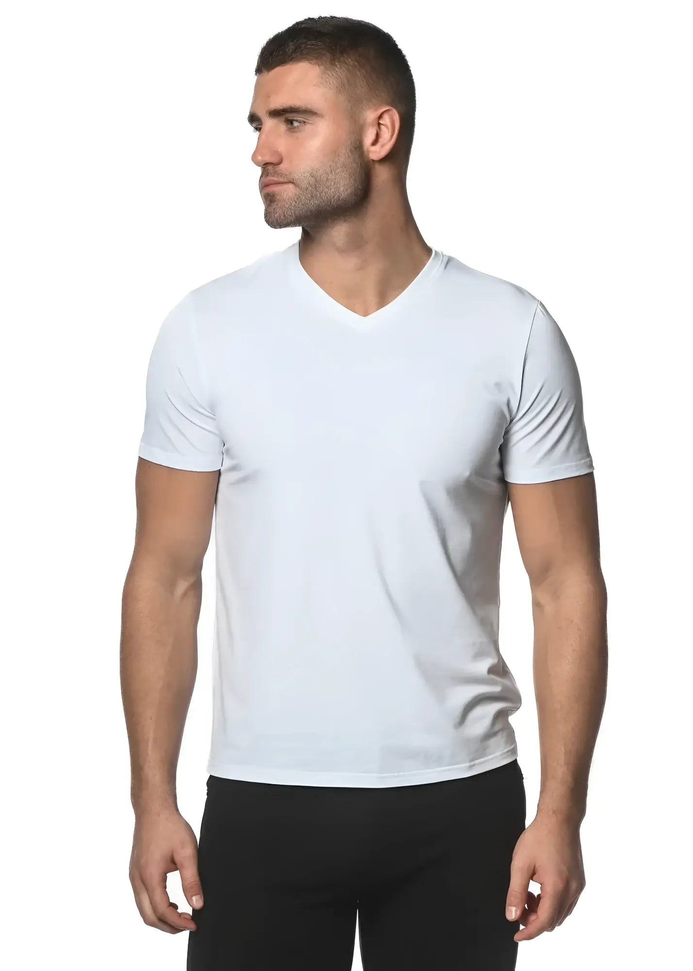 White sorona v-neck tee made of sustainable fabric featuring short sleeves perfect for casual wear