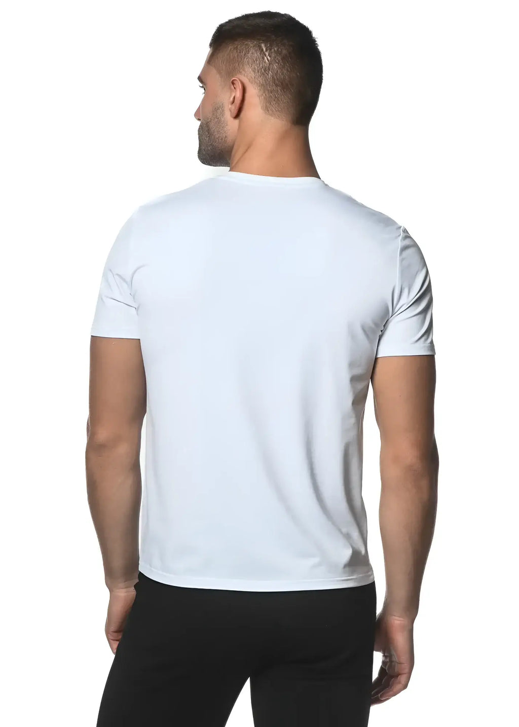 White short-sleeved crew neck sorona v-neck tee made from breathable fabric for everyday casual wear