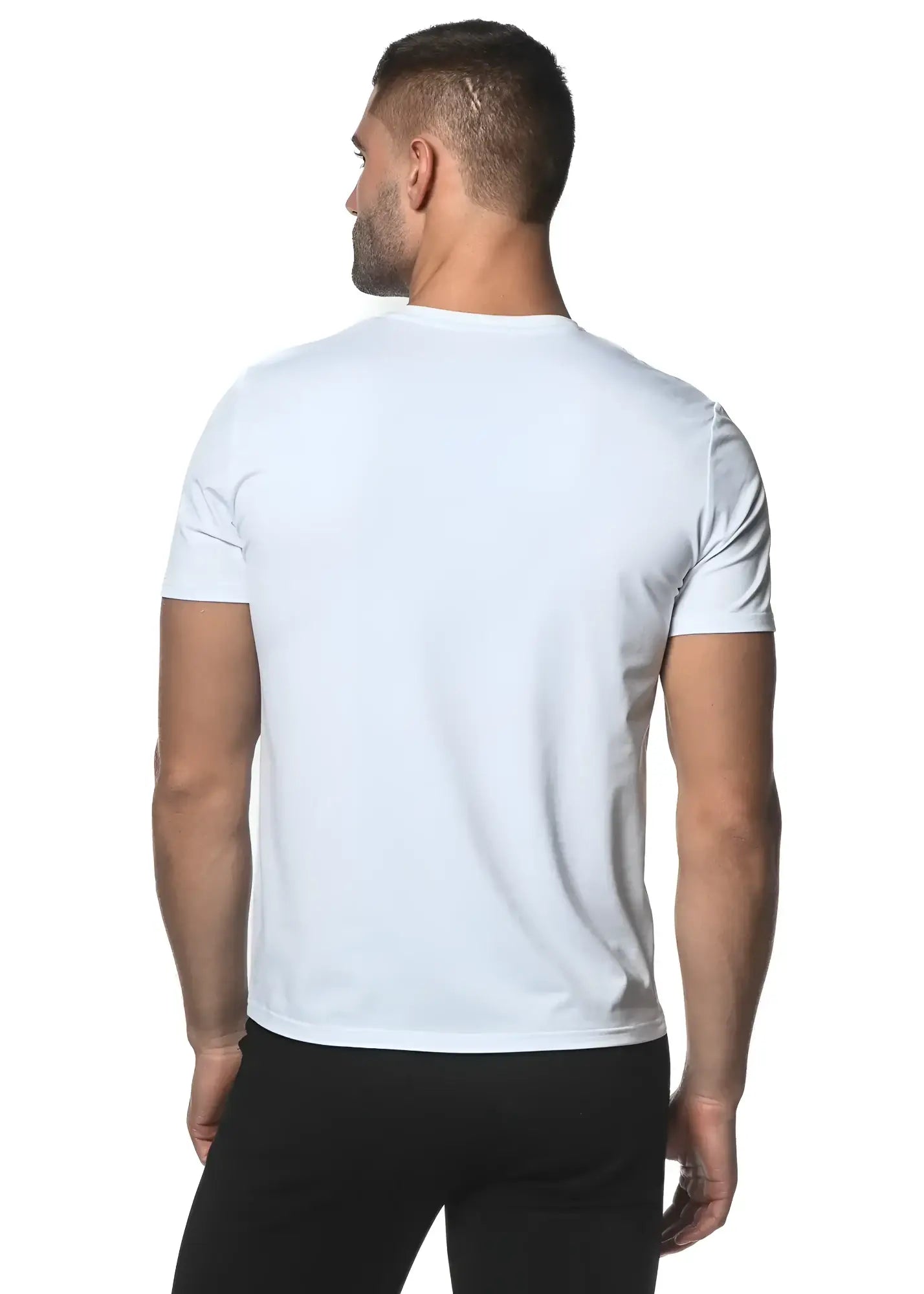 White short-sleeved crew neck sorona v-neck tee made from breathable fabric for everyday casual wear