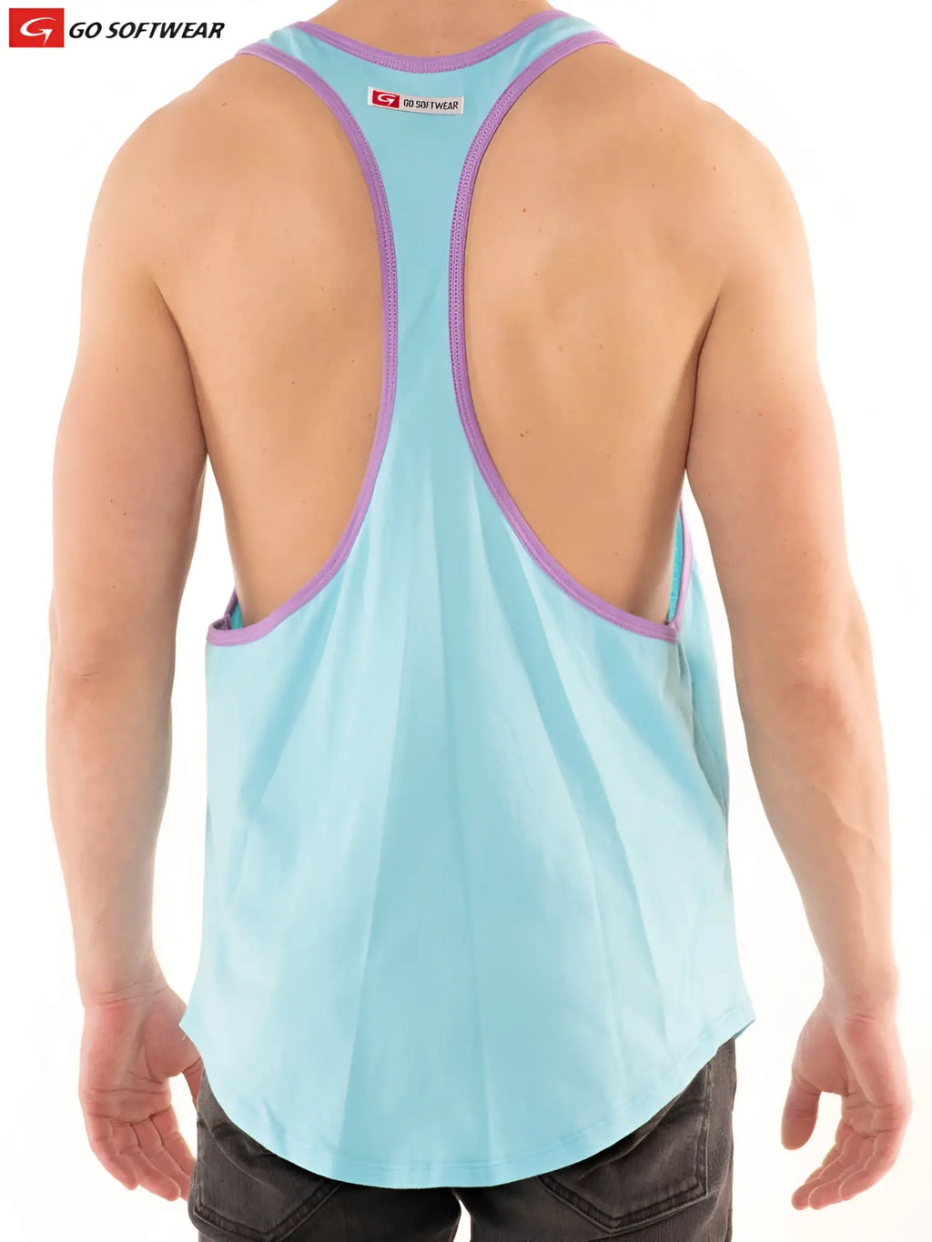 Back view of a light blue and purple Southport athletic tank top with racerback and cutout design for active wear