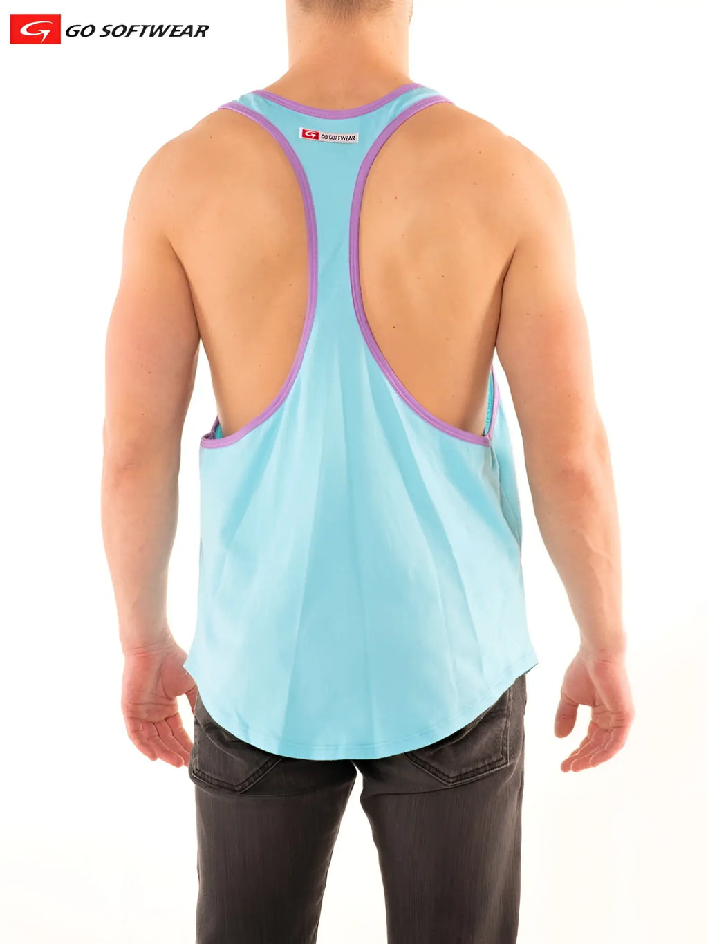 Back view of southport athletic tank top in light blue and purple racerback with cutout design for activewear