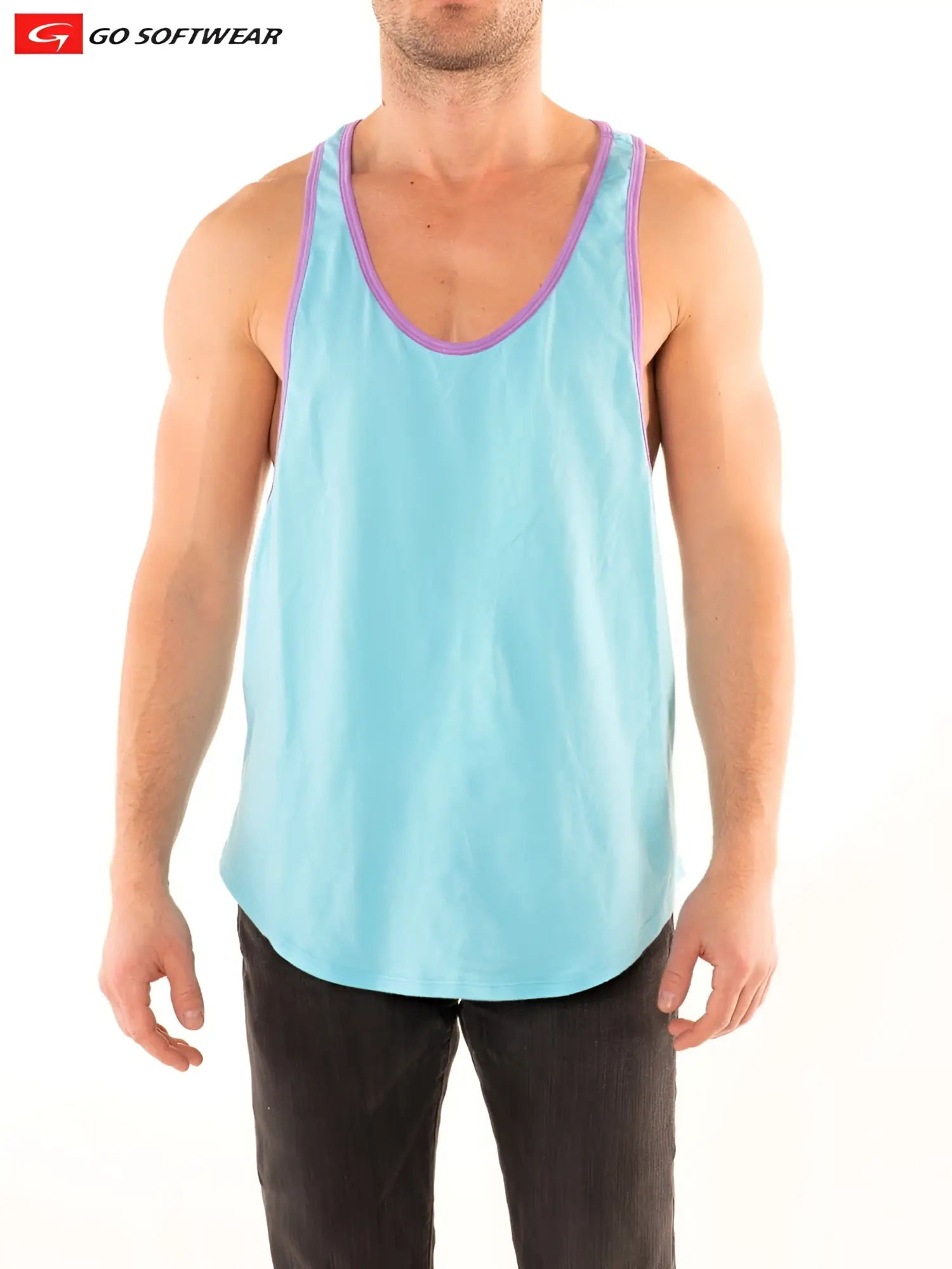 Light blue Southport athletic tank top with purple trim made by go softwear, designed for active wear