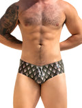 The sparrow swim brief black and gray geometric-patterned swim trunks with a drawstring waistband for swimming