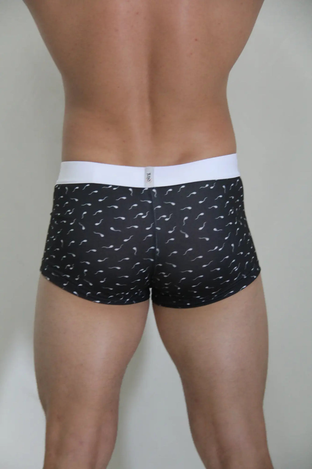Black sperm trunk boxer briefs with white waistband and stylized sperm pattern perfect for everyday wear