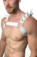 White spiked leather spiked bulldog harness with circular metal rings for edgy pet style and control