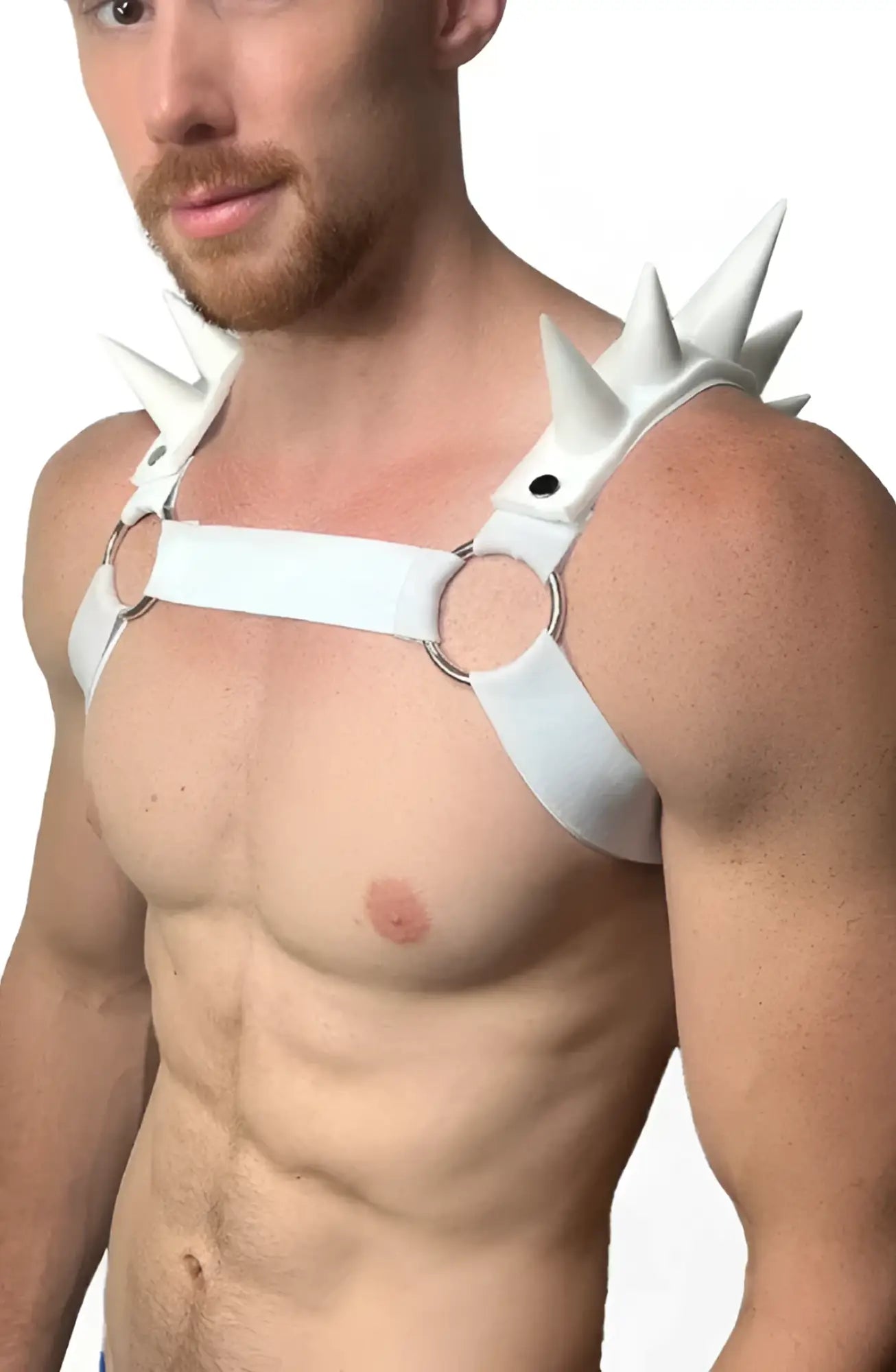White spiked leather spiked bulldog harness with circular metal rings for edgy pet style and control