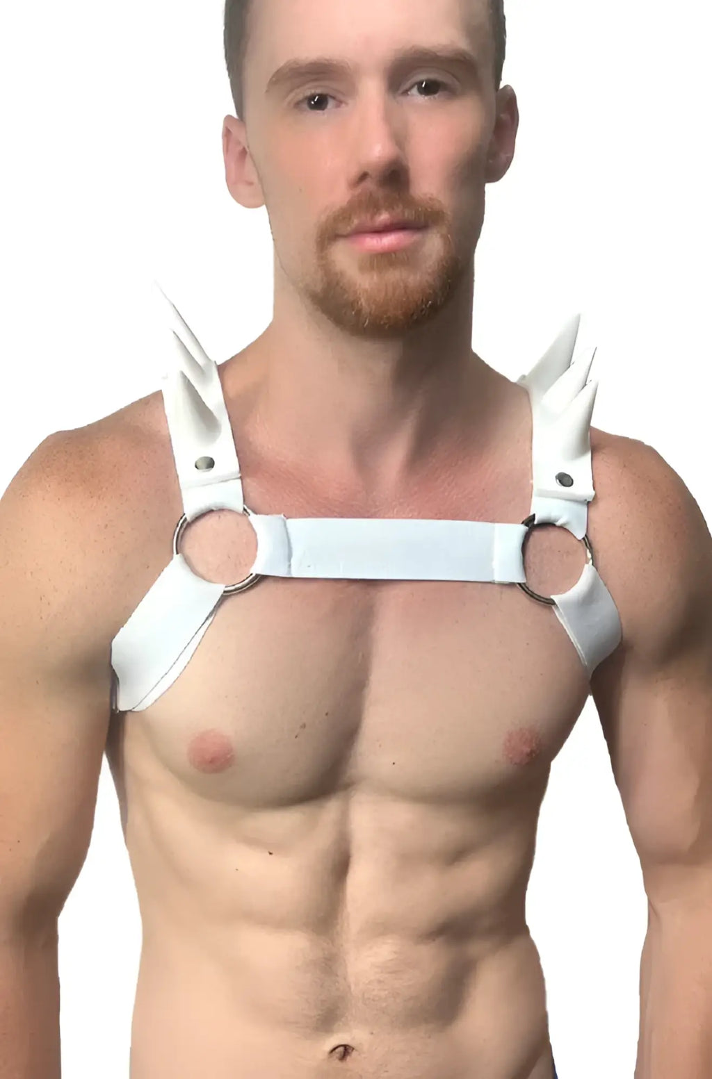 White leather spiked bulldog harness with metal rings and spiked shoulder straps for strong secure fit