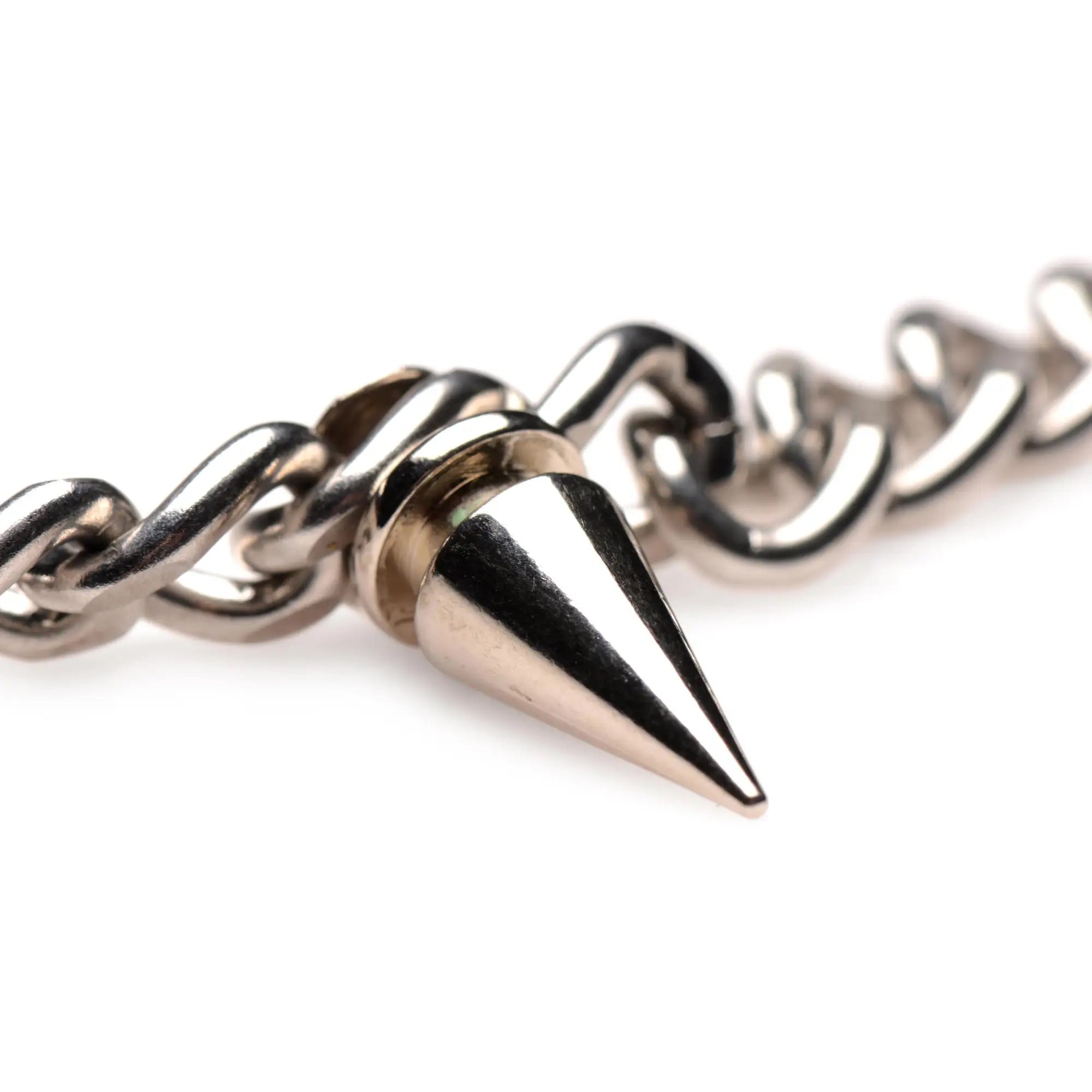 Shiny silver-toned spiked punk necklace with a conical spike pendant and chain link design
