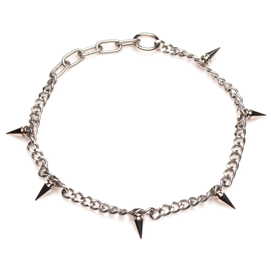 Silver chain necklace with black spiked accents featuring a punk style design
