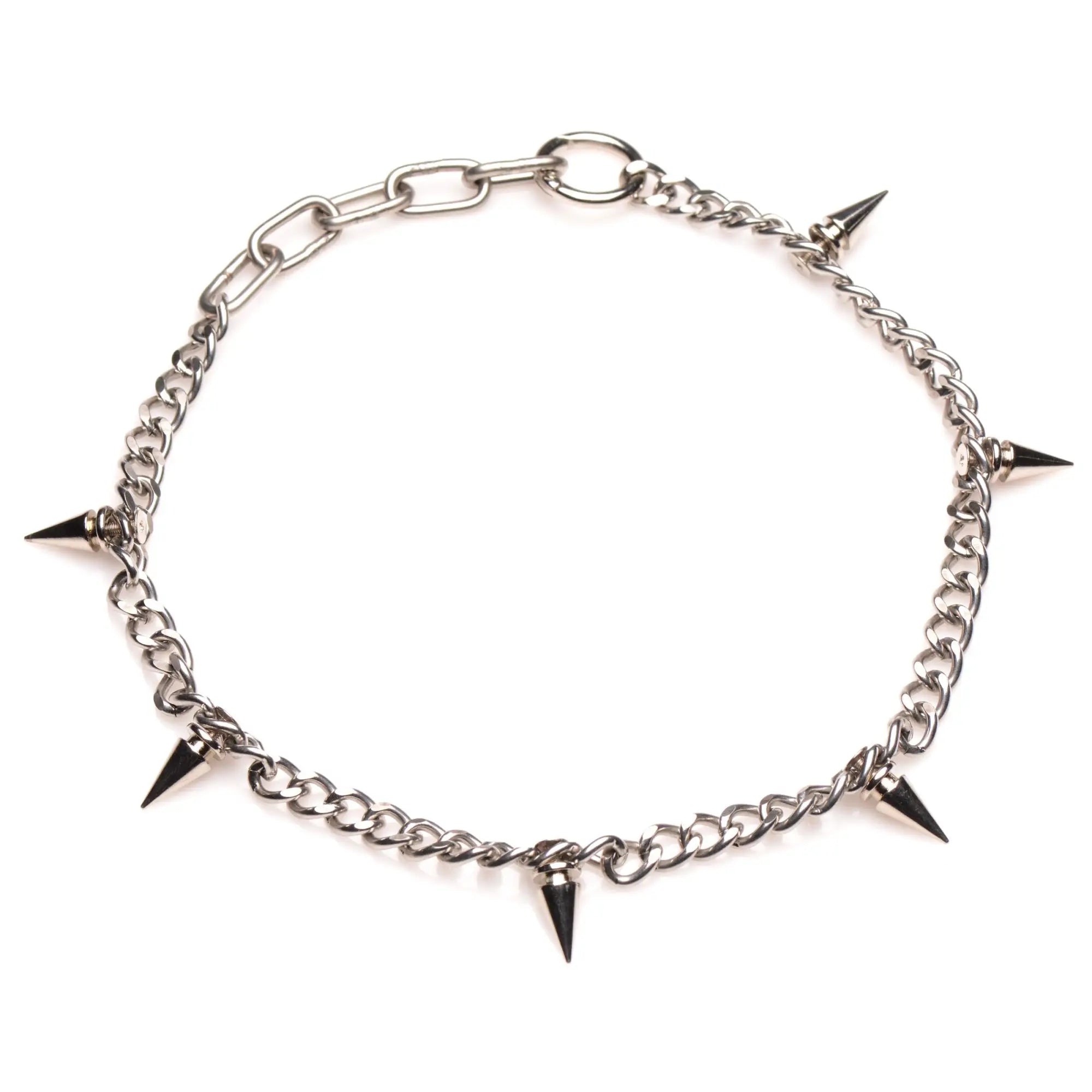 Silver chain necklace with black spiked accents featuring a punk style design