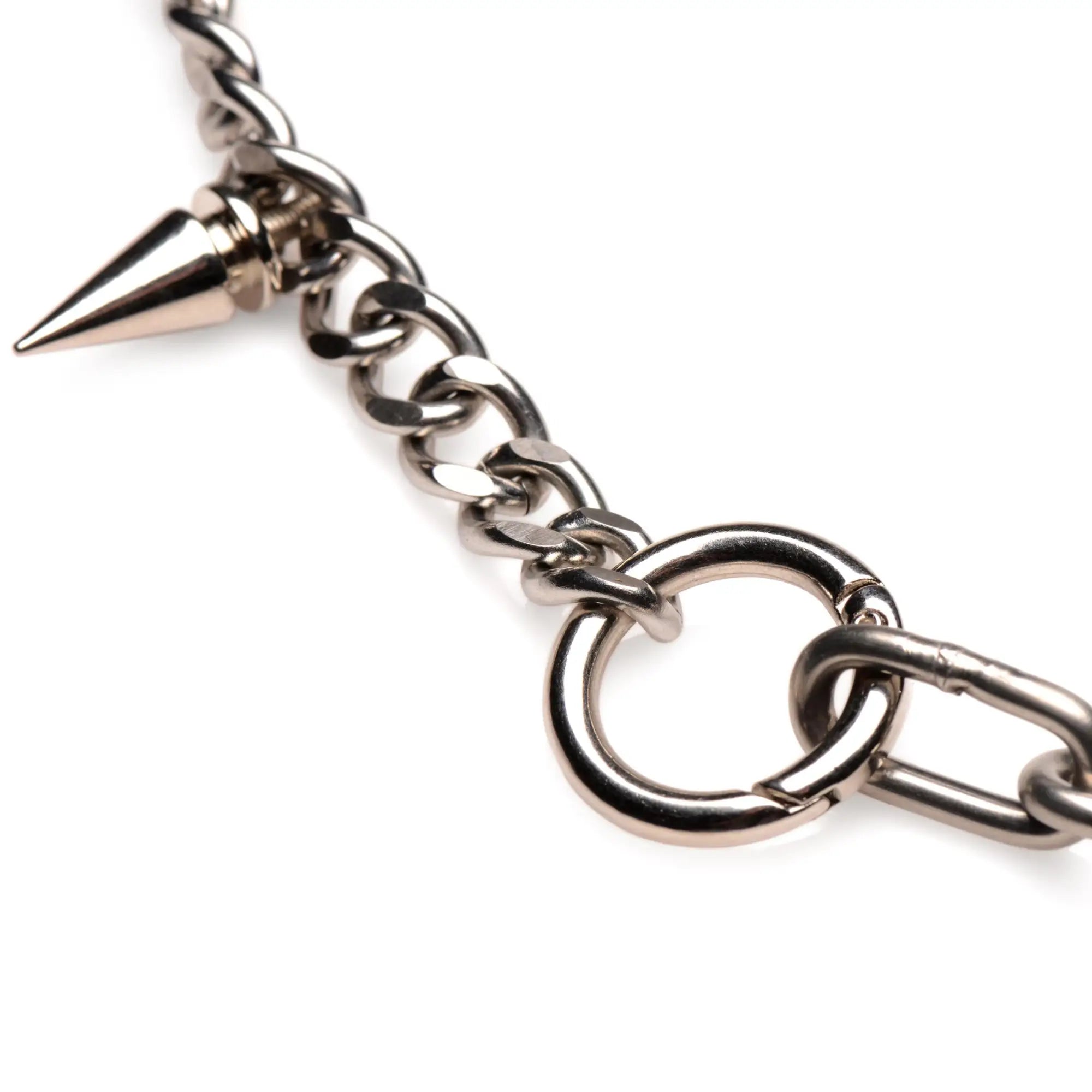Silver-toned spiked punk necklace with sharp metallic spike charm and interlocking chain links