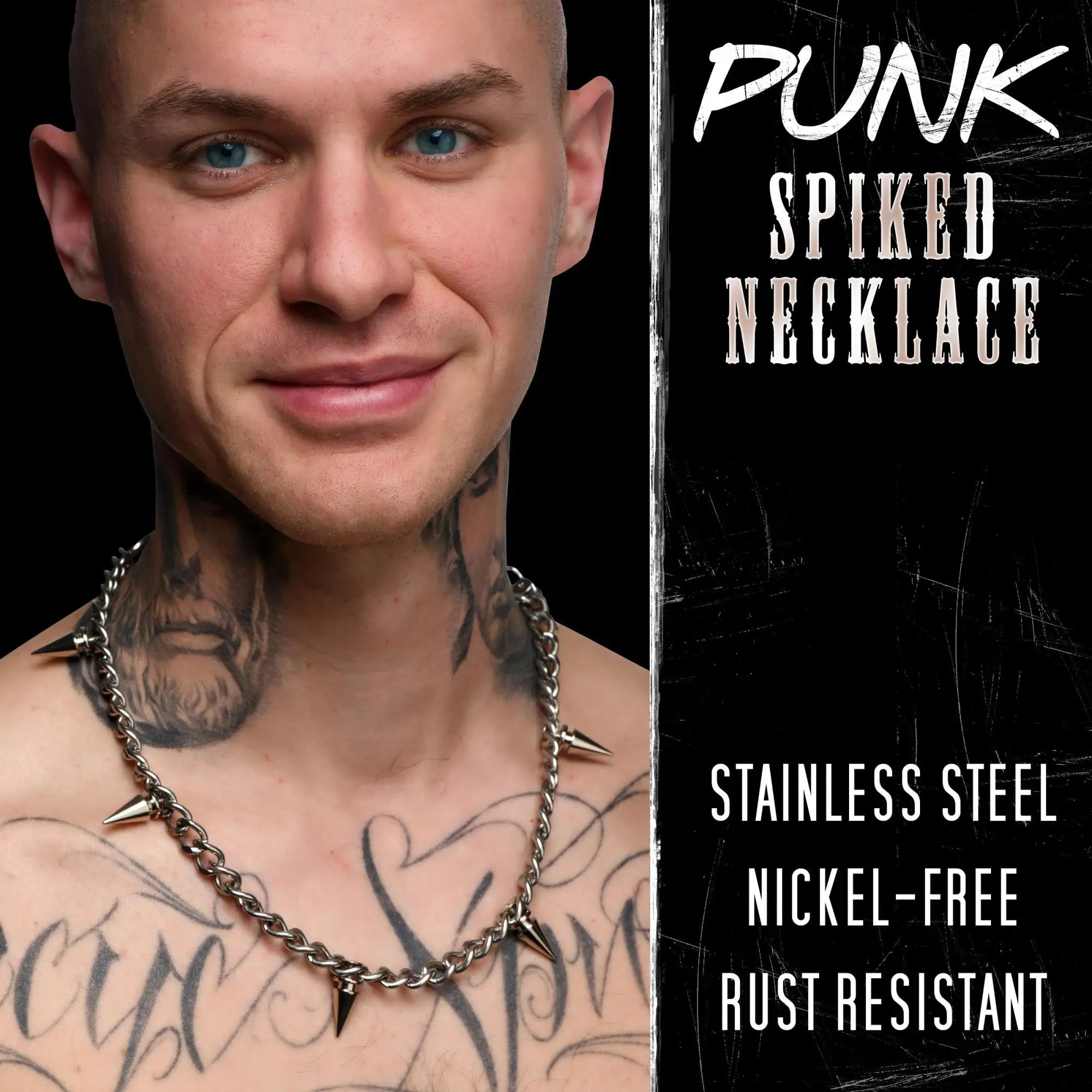 Stainless steel spiked punk necklace with sharp pointed spikes and a metal chain for edgy fashion style