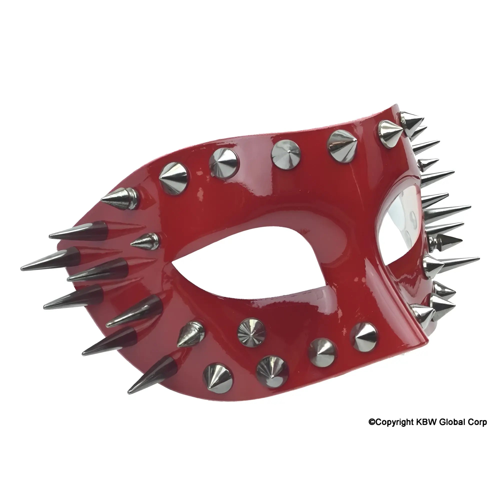 Red glossy half face mask adorned with silver spikes and studs for edgy costume or festival wear