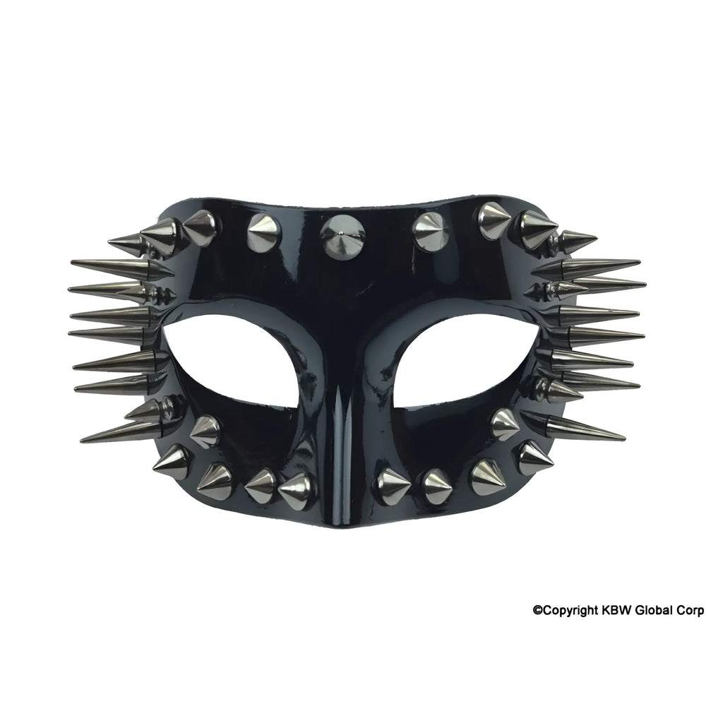 Black glossy half face mask with silver-toned spikes in leather for edgy style available in red or black