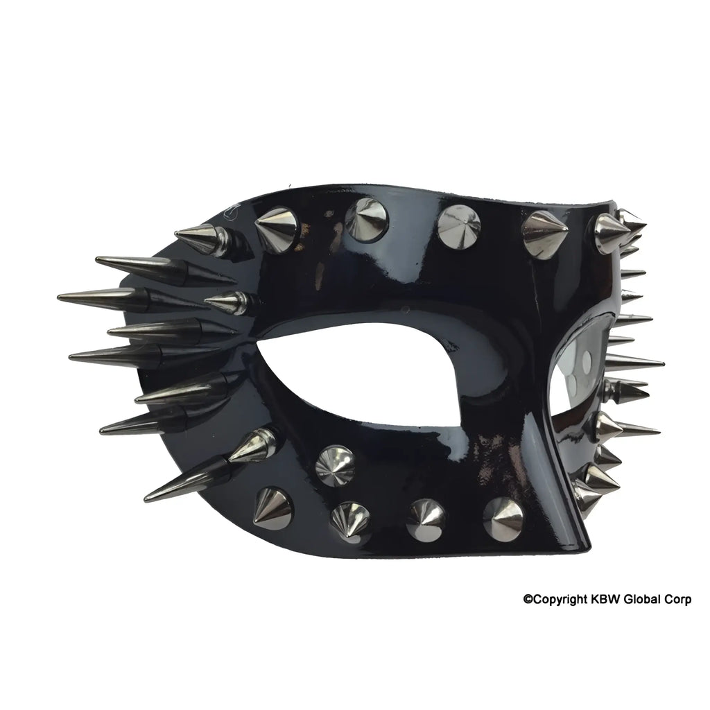 Black glossy leather spikes half face mask adorned with silver-toned spikes and studs for edgy style