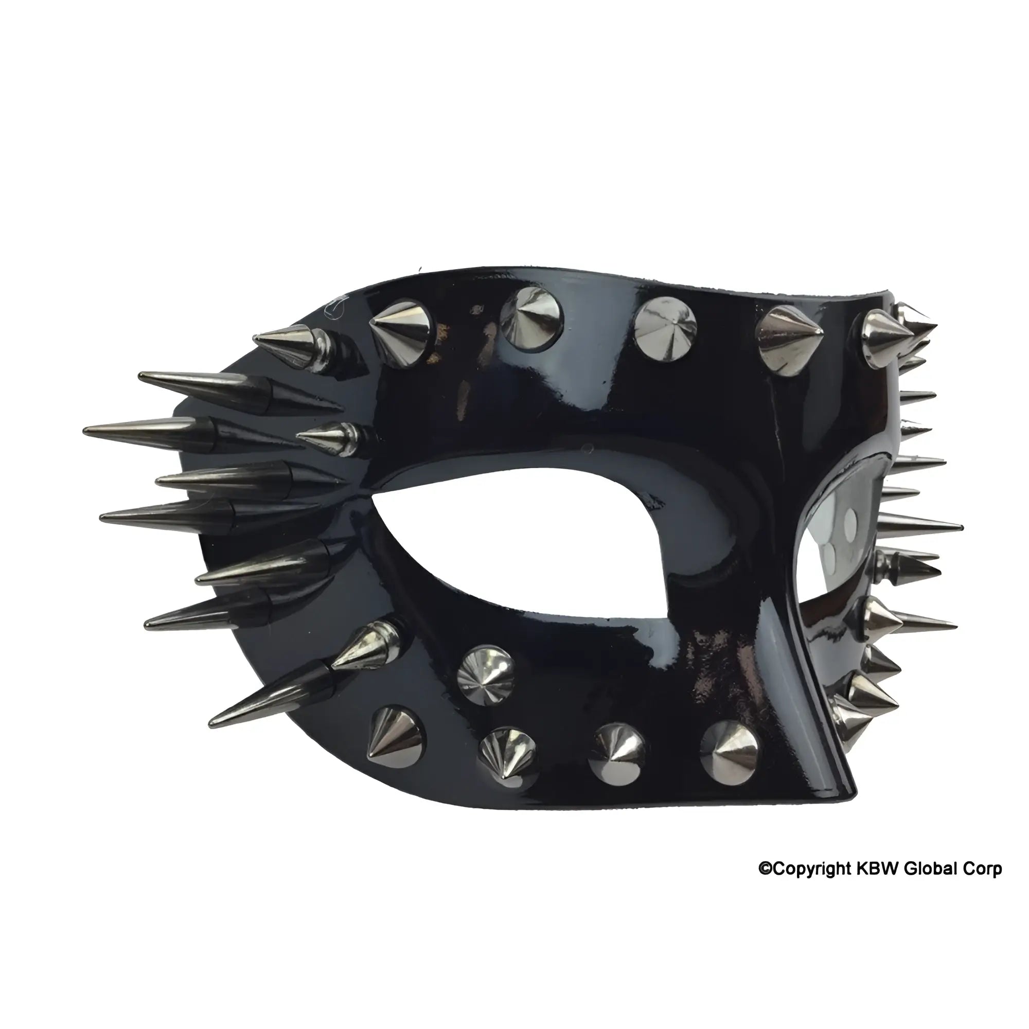 Black glossy leather spikes half face mask adorned with silver-toned spikes and studs for edgy style