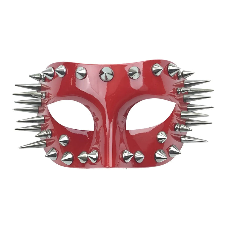 A glossy red spikes half face mask adorned with silver studs for masquerade or costume events