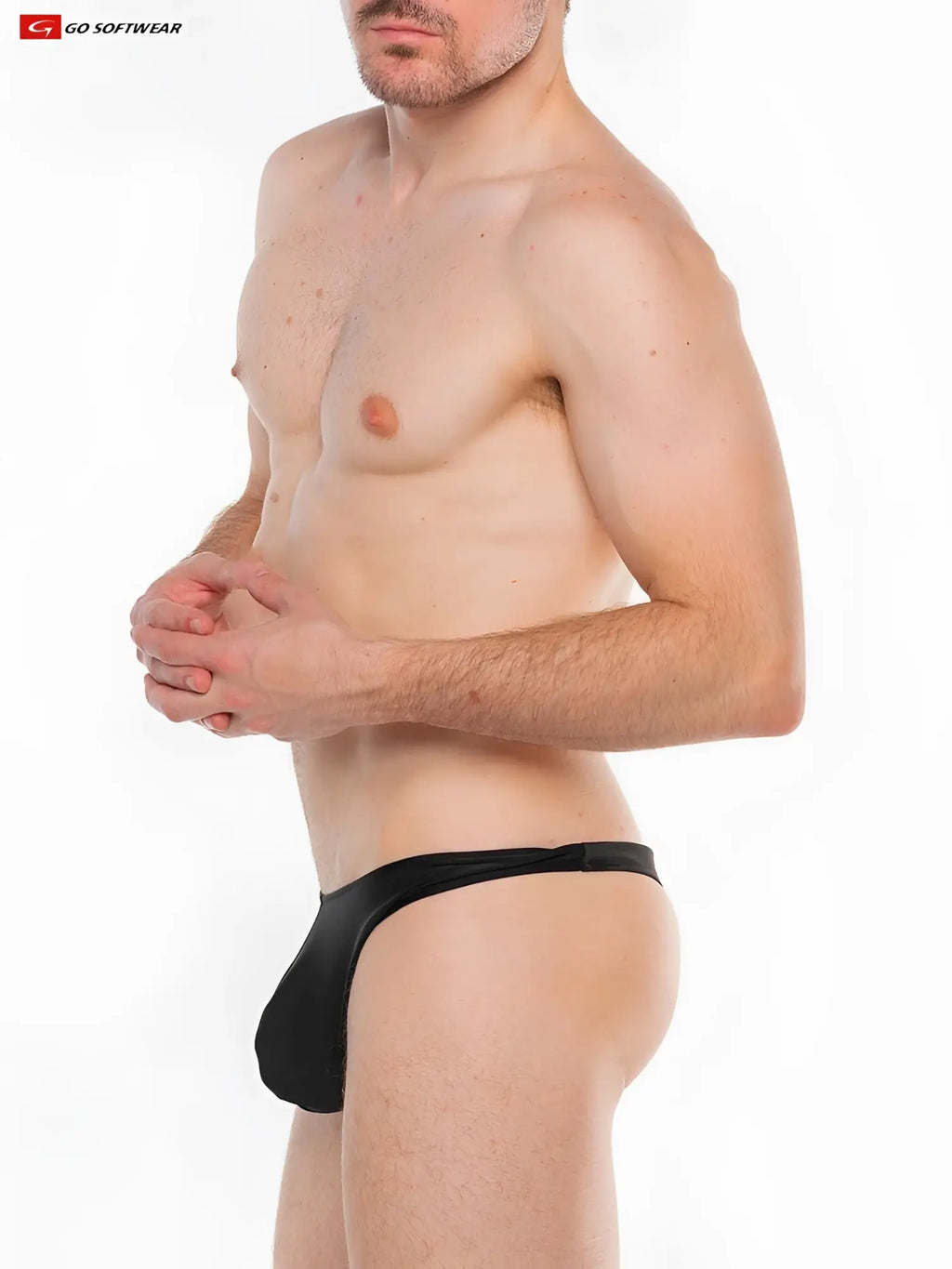 Black satin splash c-ring thong swim briefs with sleek form-fitting design shown from the back side