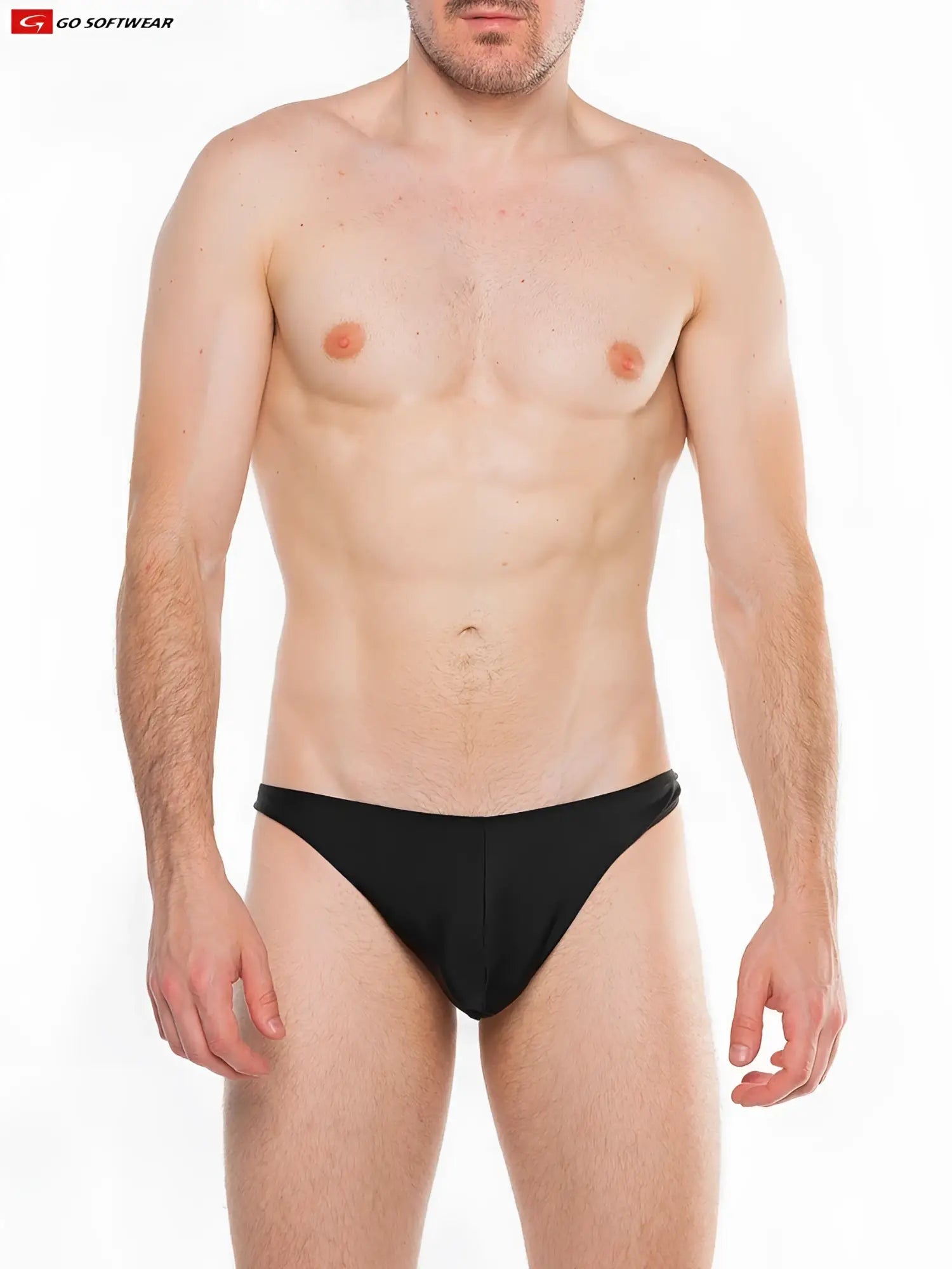 Black sleek form fitting splash c ring thong swim trunks with minimalist design shown from the back side