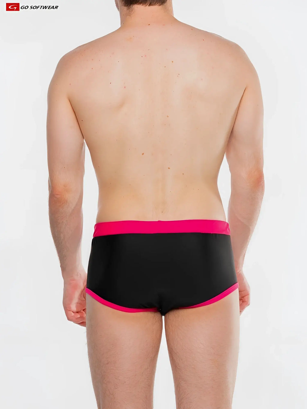 Black splash full-cut brief swim trunks with vibrant pink trim designed for comfortable swimwear use