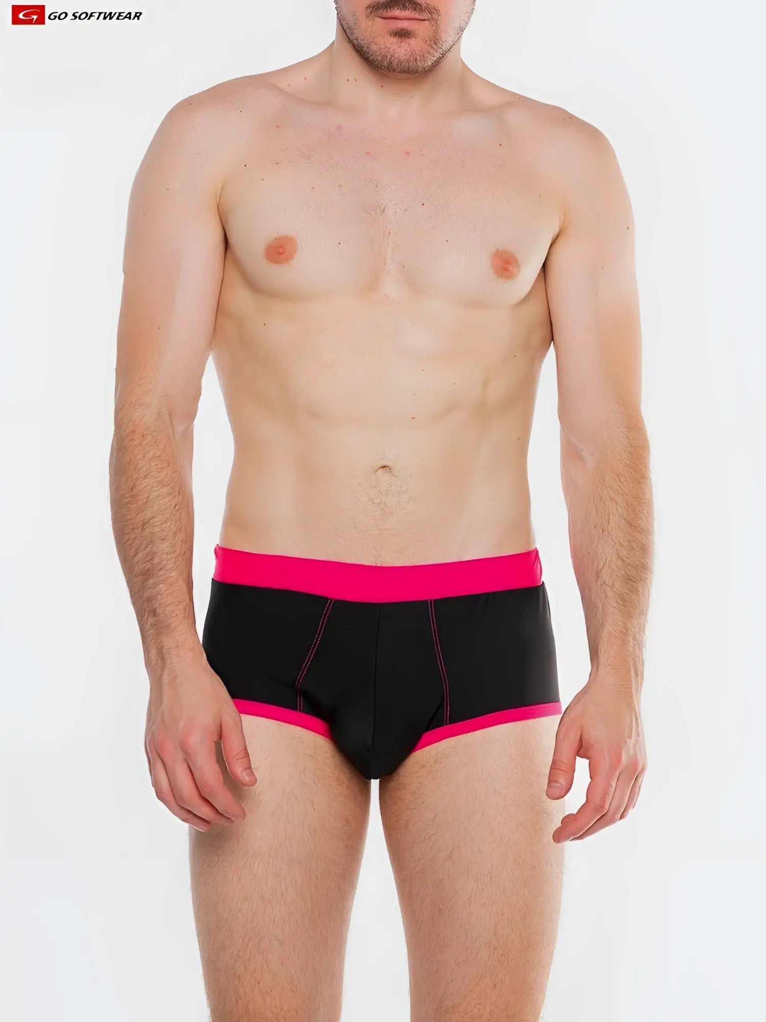 Black splash full-cut brief swim with vibrant pink trim and stitching features a snug fit and modern design