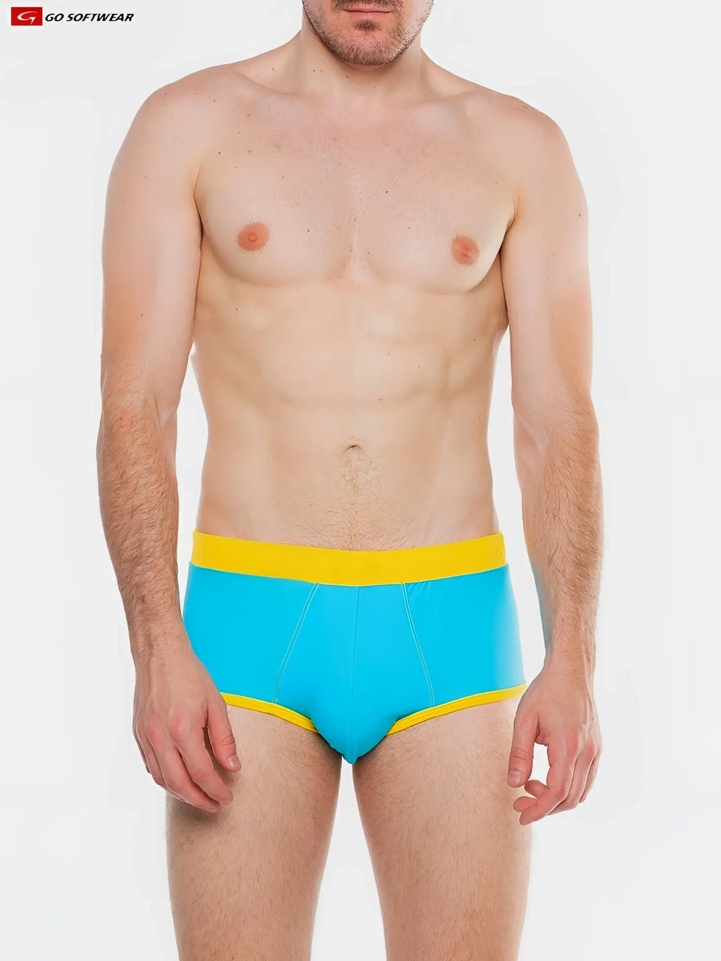 Bright blue full-cut swim briefs with bold yellow waistband and trim designed for splash full-cut brief swim use