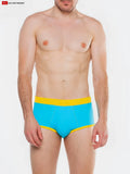 Bright blue full-cut swim briefs with bold yellow waistband and trim designed for splash full-cut brief swim use