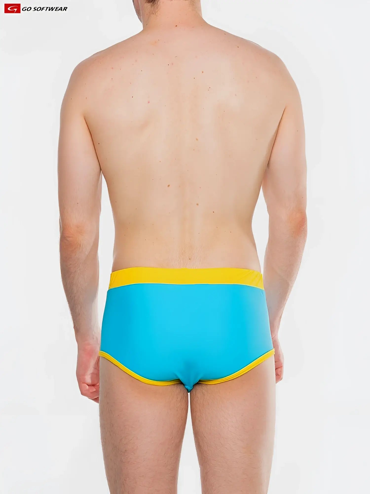 Bright blue splash full-cut brief swim trunks with bold yellow waistband and trim designed for swimming