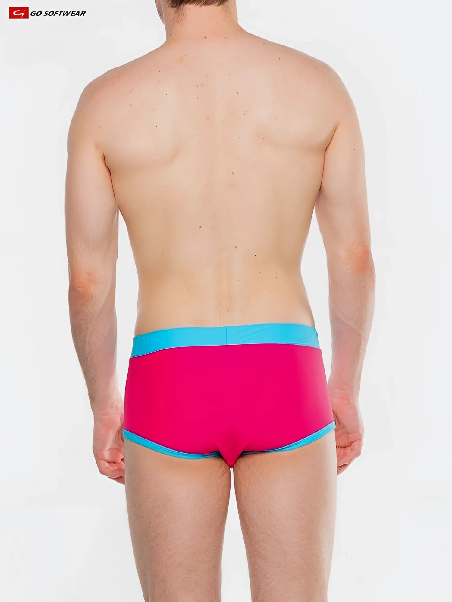 Bright pink splash full-cut brief swim trunks with turquoise waistband and trim for comfortable beach use