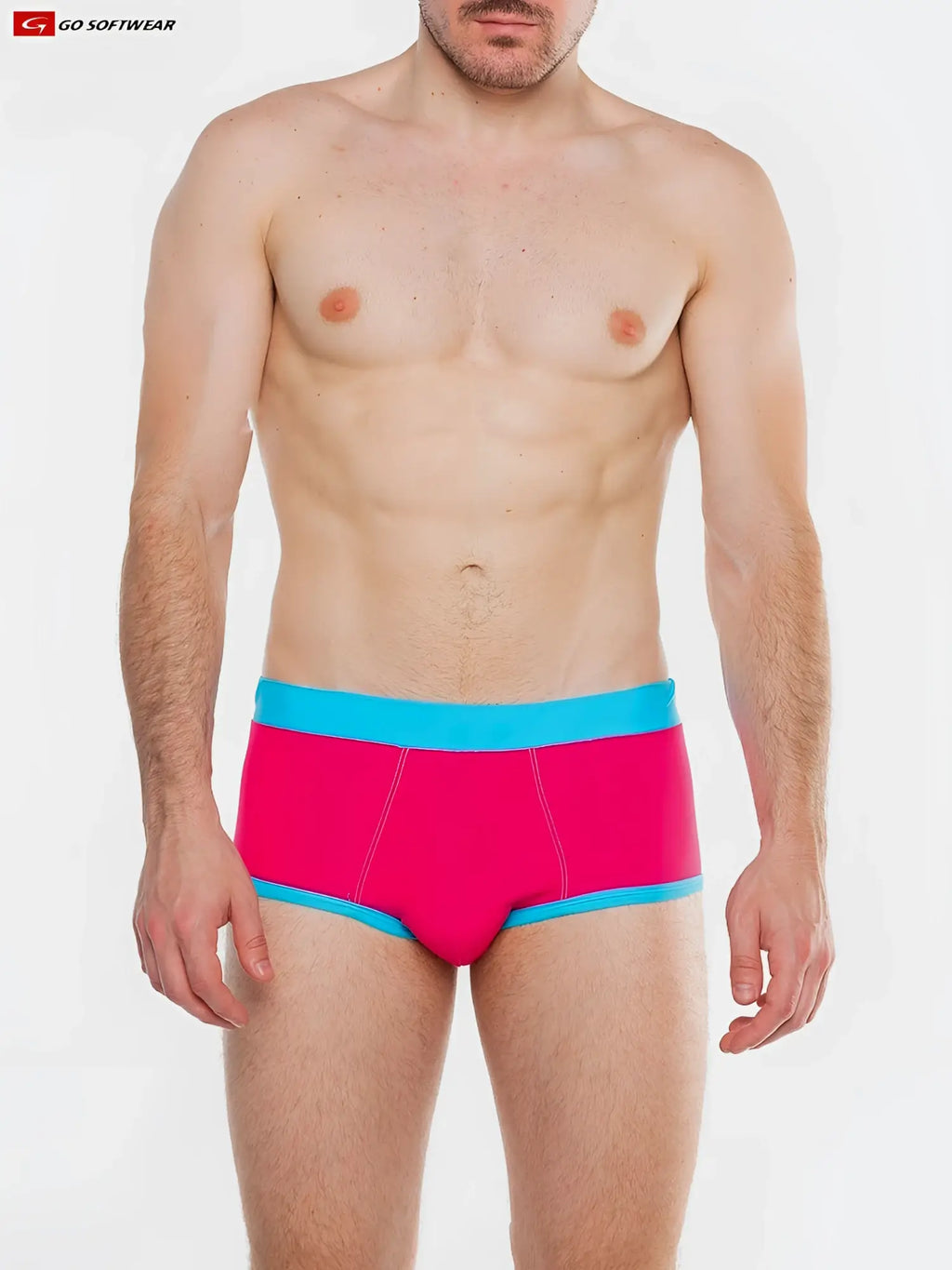 Bright pink splash full-cut brief swim with turquoise waistband and trim made of smooth fabric finish