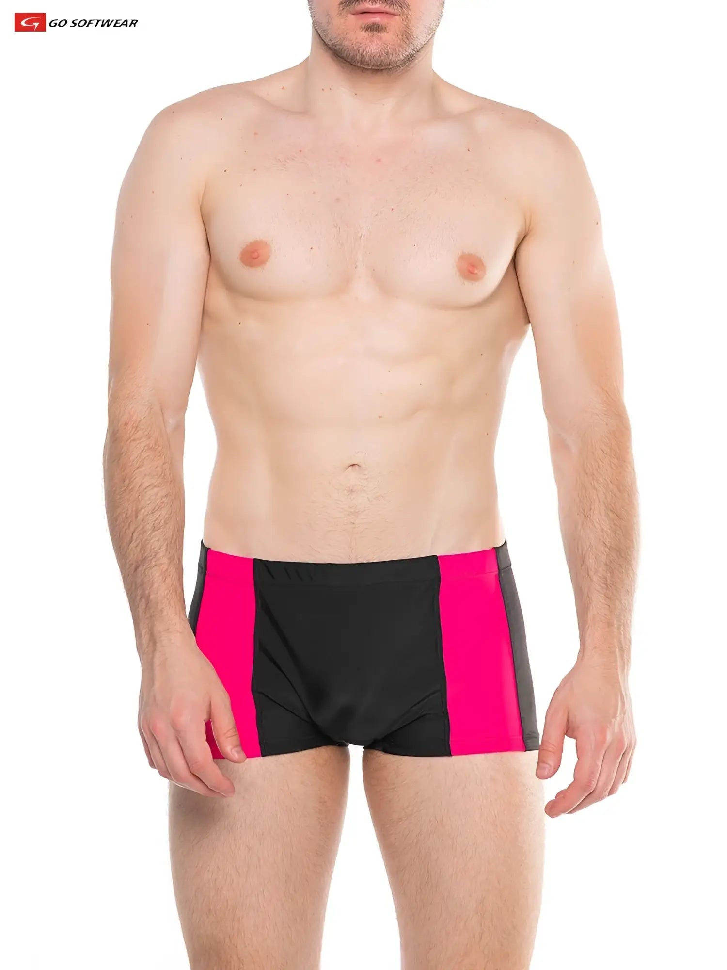 Black and bright pink Splash sq-cut swim trunks with sleek athletic cut and integrated cock ring for secure fit
