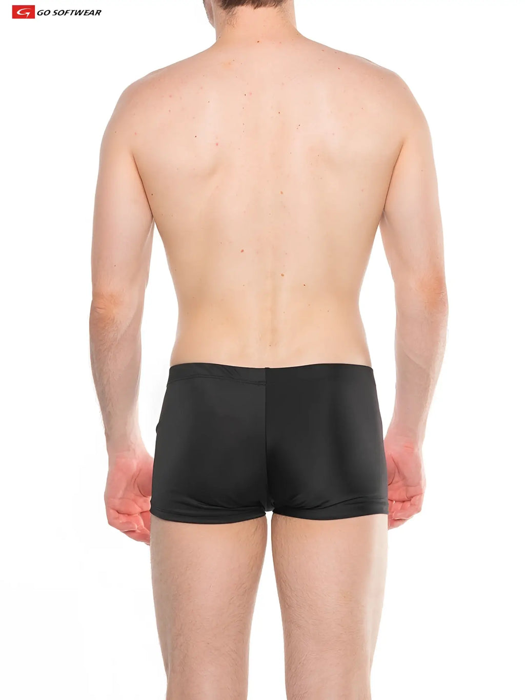 Black sleek fitting splash sq cut swim trunks made of smooth stretchy fabric with cock ring detail