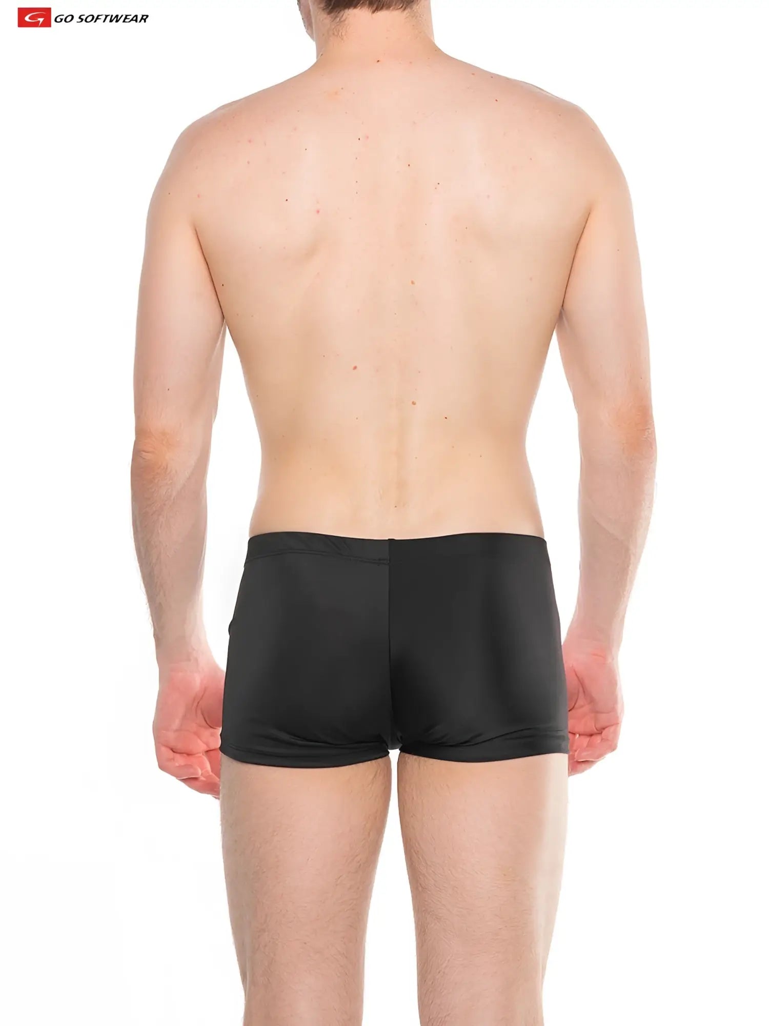 Black sleek fitting splash sq cut swim trunks made of smooth stretchy fabric with cock ring detail