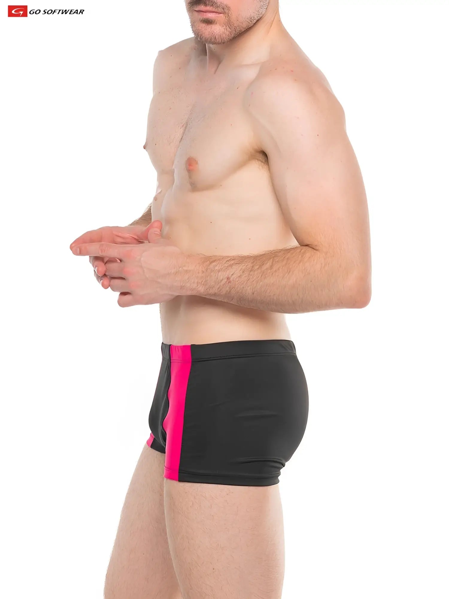 Black splash sq-cut swim trunks with vibrant pink vertical stripe and built-in cock-ring for swimming and beachwear