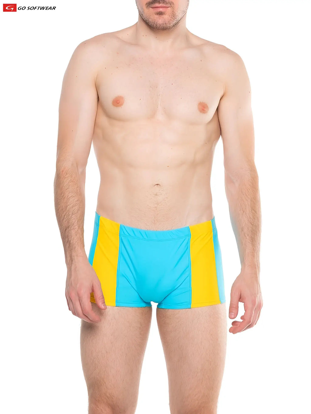 Bright blue and yellow striped splash sq-cut swim trunks with cock-ring snug athletic fit for swimming