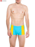 Bright blue and yellow striped splash sq-cut swim trunks with cock-ring snug athletic fit for swimming