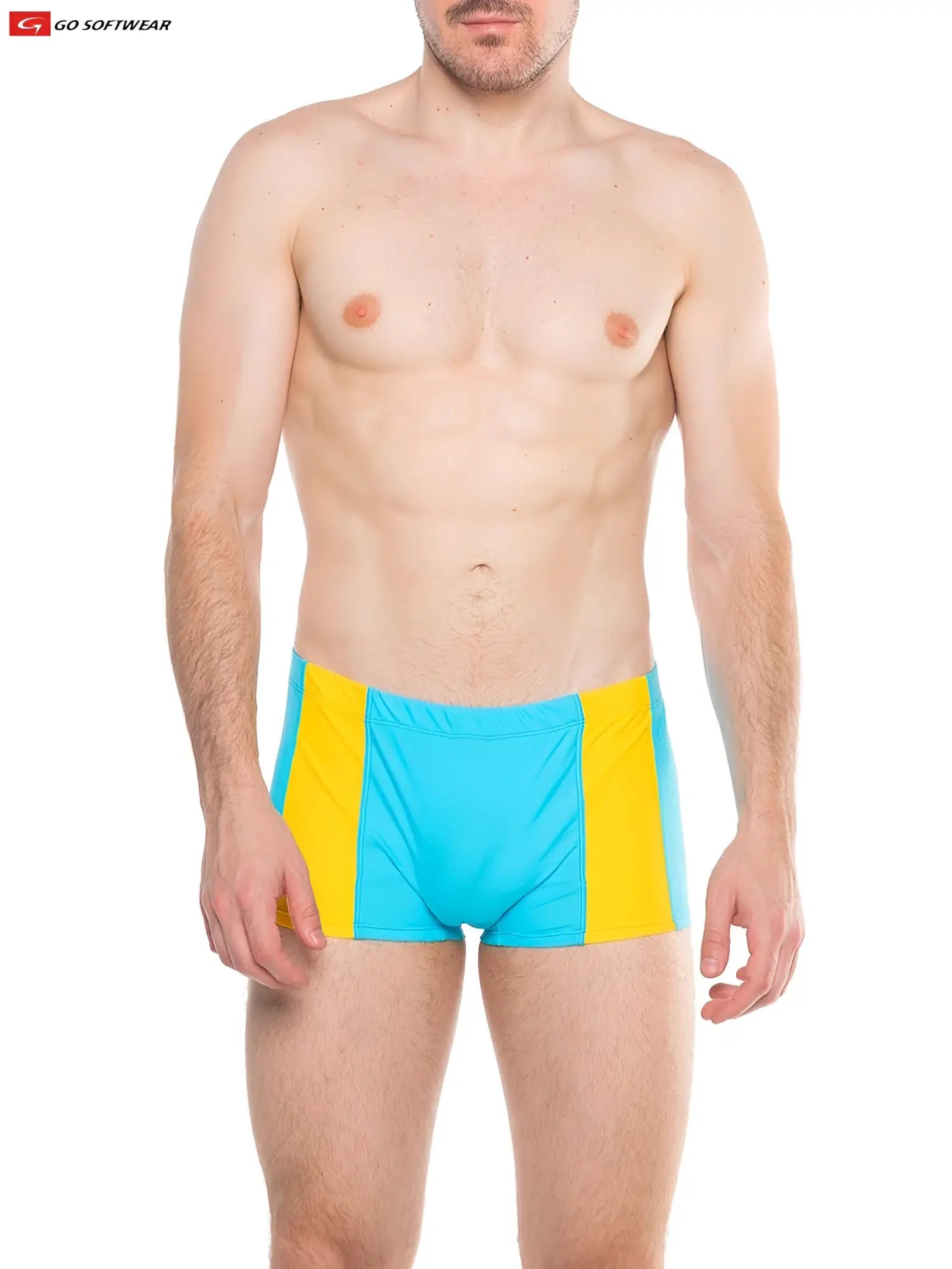 Bright blue and yellow striped splash sq-cut swim trunks with cock-ring snug athletic fit for swimming