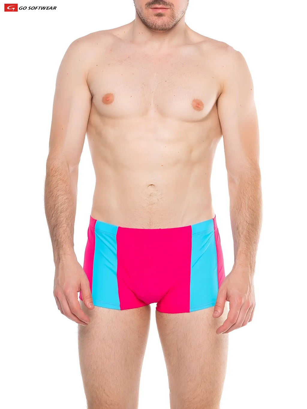 Bright pink and cyan striped splash sq cut swim trunks with bold modern design and built in cock ring for swimwear use