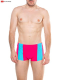 Bright pink and cyan striped splash sq cut swim trunks with bold modern design and built in cock ring for swimwear use