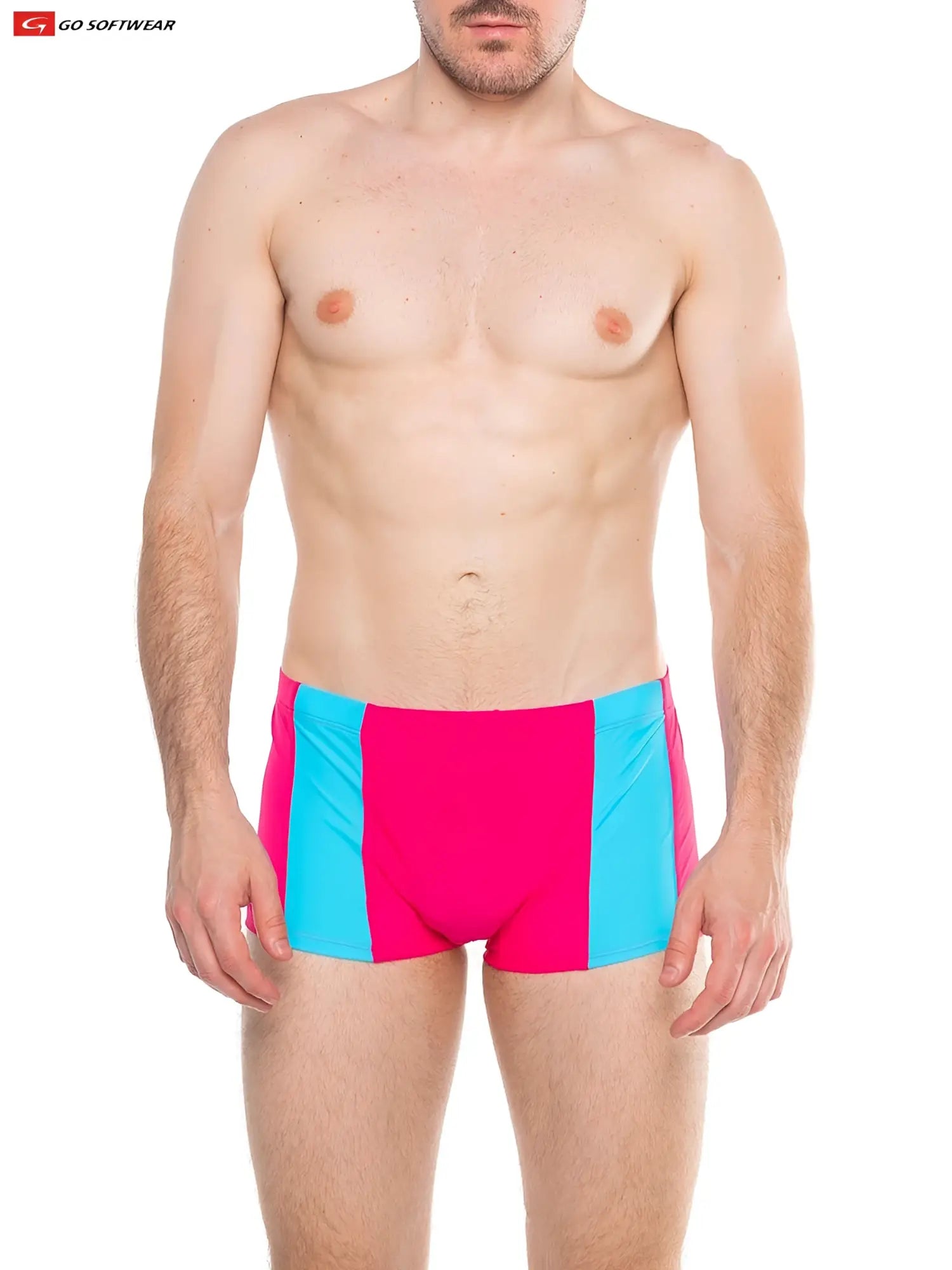 Bright pink and cyan striped splash sq cut swim trunks with bold modern design and built in cock ring for swimwear use