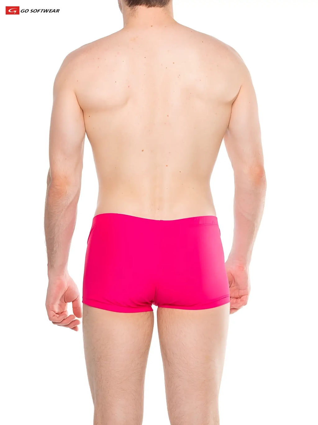 Bright pink splash sq cut swim trunks with cock ring made of smooth form fitting fabric