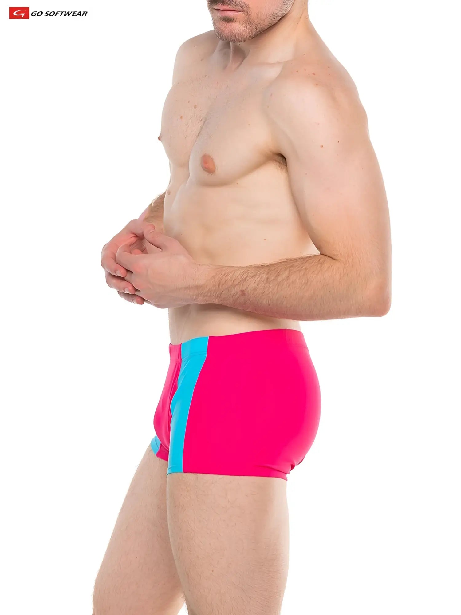 Bright pink and turquoise splash sq-cut swim trunks with bold color-block design and integrated cock ring for water use