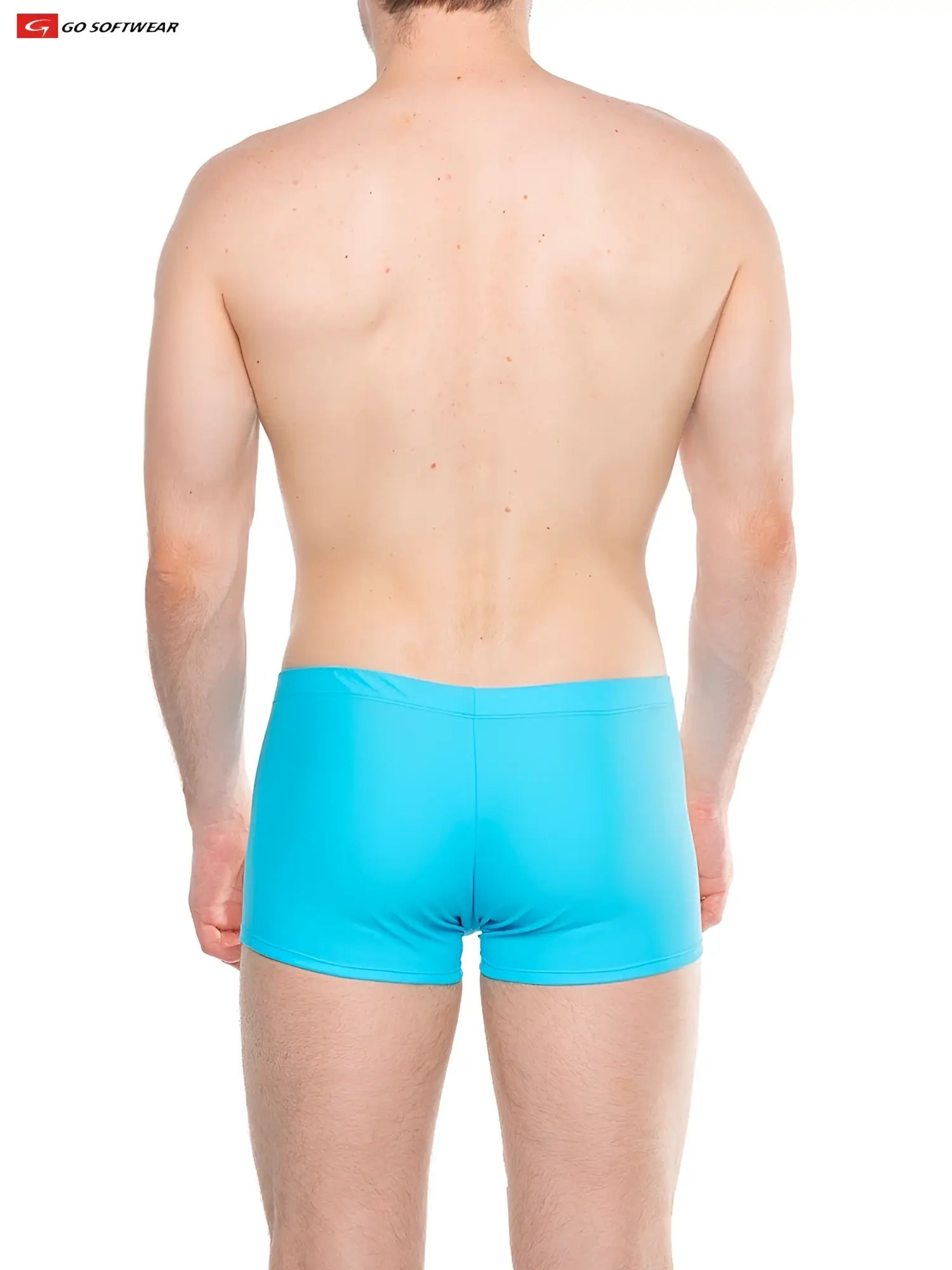 Bright turquoise splash sq-cut swim trunks with smooth form-fitting fabric and integrated cock ring detail