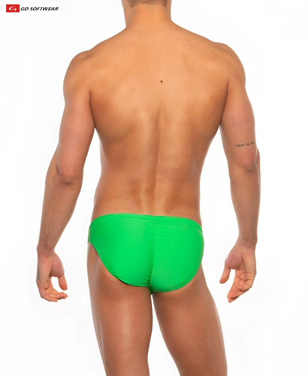 Bright green sport buns bikini swim trunks made of smooth stretchy fabric with a form-fitting design