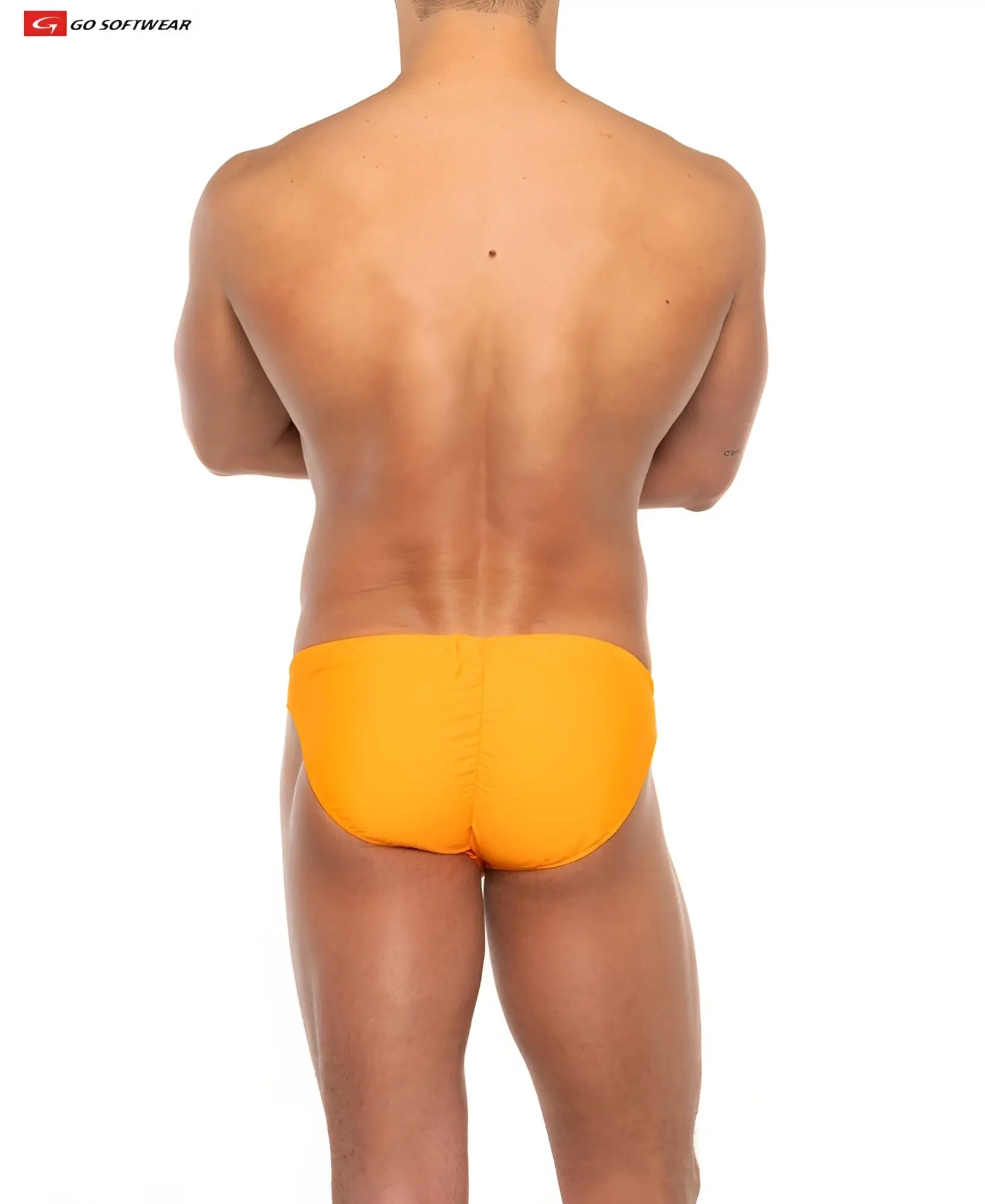 Bright orange sport buns bikini swim trunks with snug form-fitting design for active swimwear use