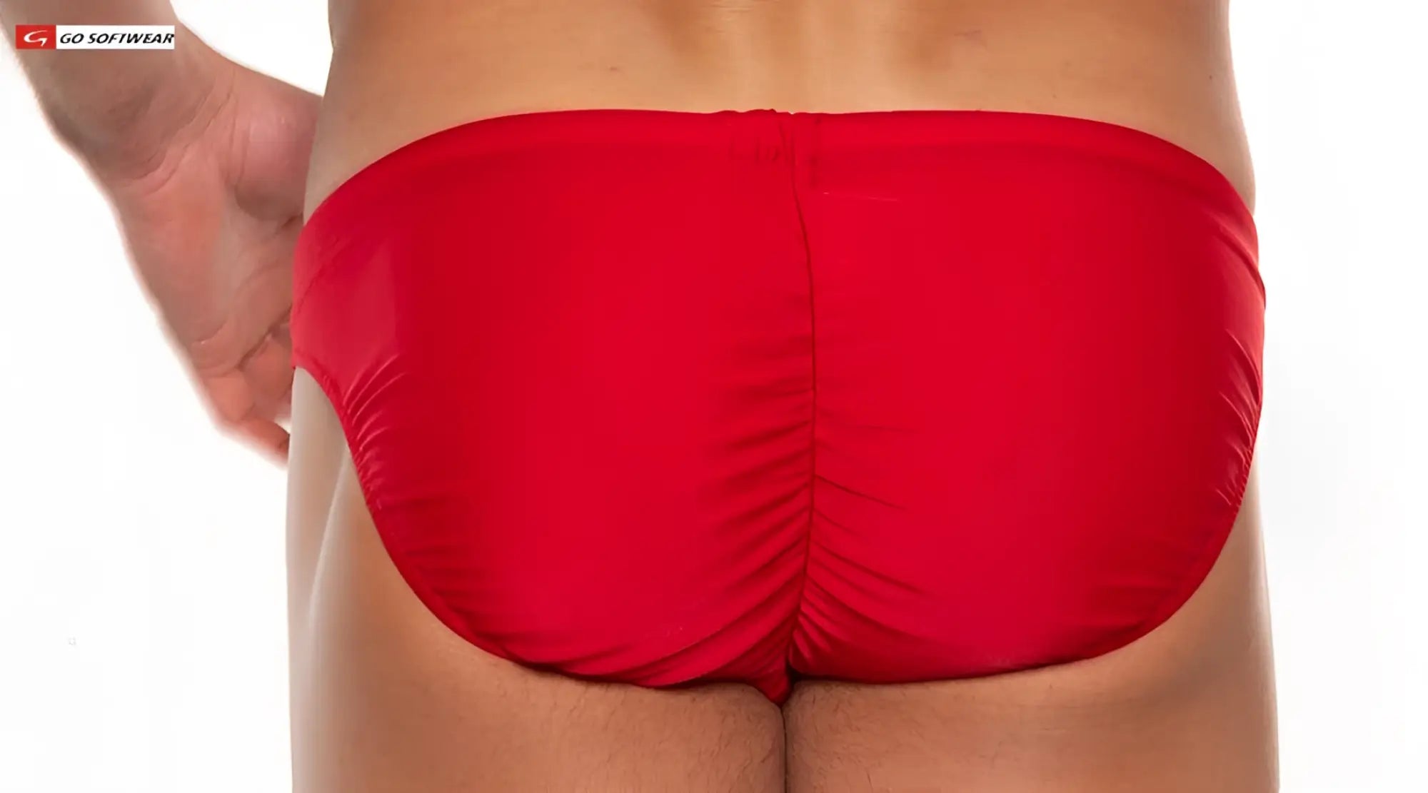 Bright red shiny fabric sport buns bikini swim trunks showing ruched back design